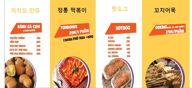 Menu bánh gà con Chichiko với nhiều lựa chọn như vị truyền thống, nhân hỗn hợp, phô mai Mozza và kem bơ phô mai. (Nguồn: Internet)