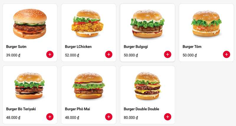 Burger Lotteria kết hợp đa dạng nhân từ bò, gà, tôm đến phô mai, phù hợp cho bữa ăn nhanh tiện lợi.
