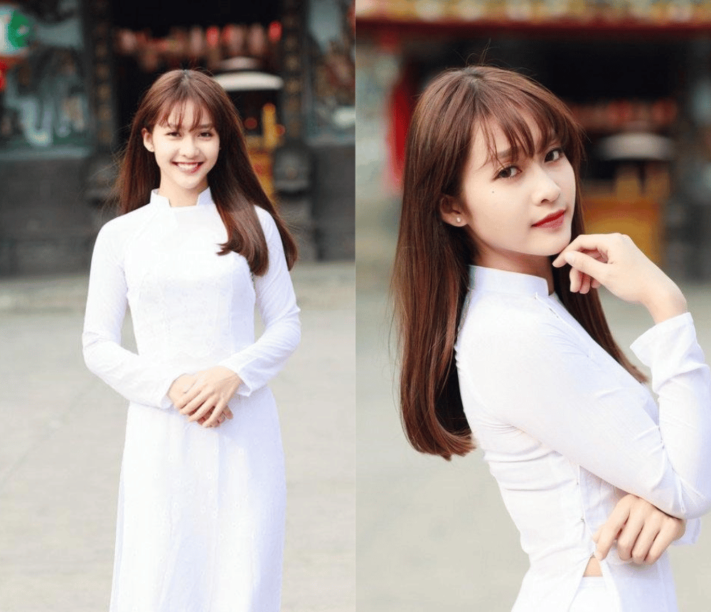 Tóc dài rẽ ngôi giữa cổ điển luôn phù hợp với áo dài