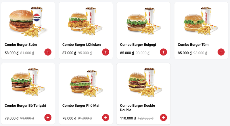 Các combo cá nhân Lotteria kết hợp món chính, khoai tây chiên và nước uống, phù hợp cho một bữa ăn đầy đủ.
