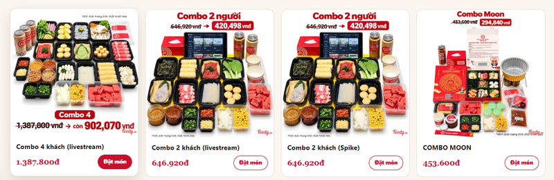 Các combo Haidilao kết hợp nhiều món nhúng và đồ ăn kèm cho nhóm khách. (Nguồn: Internet)