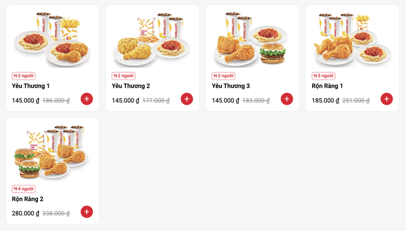 Các phần ăn nhóm tại Lotteria kết hợp đa dạng gà rán, burger, mì Ý, khoai tây chiên và nước uống, phù hợp cho nhóm 2-4 người cùng thưởng thức.