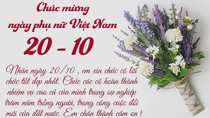 Thiệp chúc mừng ngày Phụ nữ Việt Nam 20/10 kết hợp hoa tím là lời tri ân dành tặng phái nữ. (Nguồn: Internet)