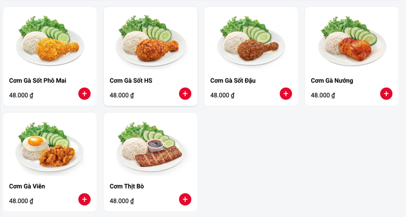Các phần cơm Lotteria kết hợp cơm nóng cùng gà rán, gà nướng hoặc thịt bò, phù hợp cho bữa chính trong ngày.