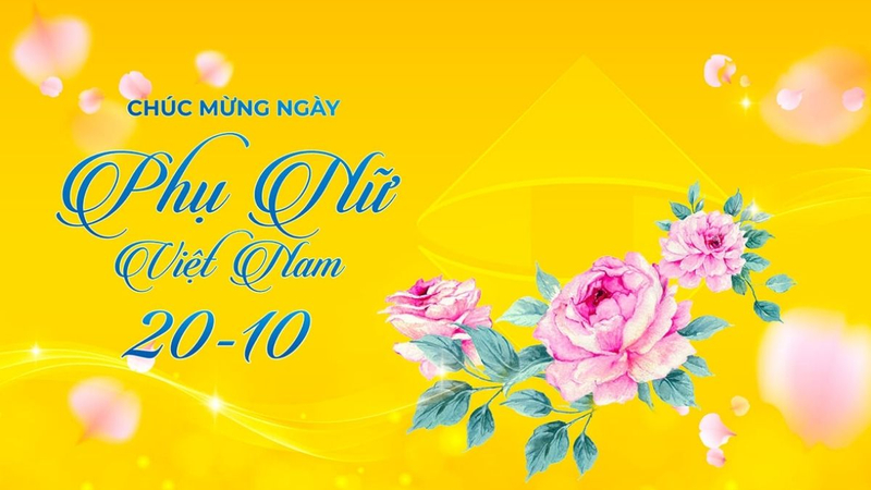 Background 20/10 màu vàng rực rỡ kết hợp hoa hồng và hiệu ứng ánh sáng nổi bật. (Nguồn: Internet)