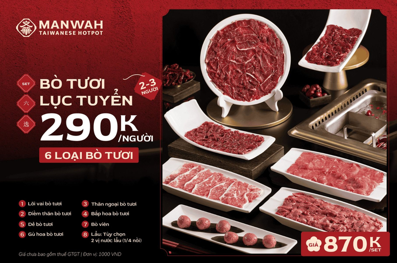 Set Bò tươi Lục Tuyển có lượng thịt bò đầy đặn với 6 loại thịt bò tươi khác nhau. (Nguồn: Internet) Set Bò tươi Lục Tuyển có lượng thịt bò đầy đặn với 6 loại thịt bò tươi khác nhau. (Nguồn: Internet)