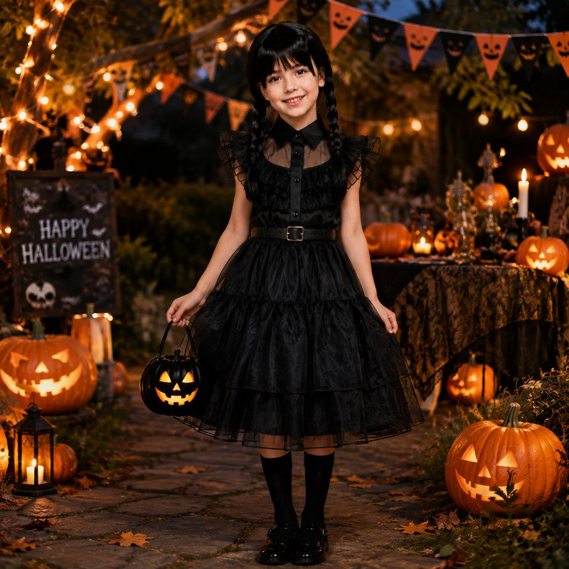 Bé gái thể hiện phong cách cá tính khi cosplay nhân vật Wednesday Addams đình đám. (Nguồn: Internet)