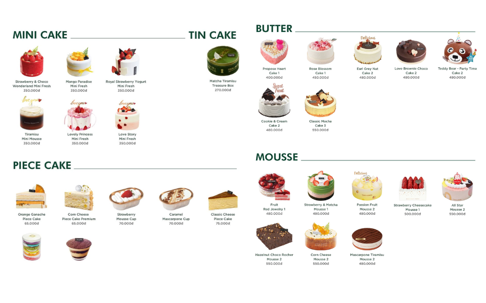 Menu bánh tại TOUS les JOURS