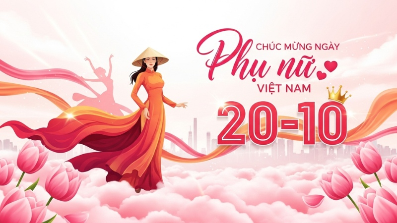 Background 20/10 hình cô gái áo dài giữa khung cảnh hoa sen, mang nét đẹp truyền thống Việt Nam. (Nguồn: Internet)