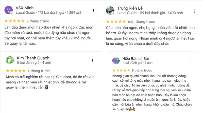 Cloud Pot tại AEON MALL Tân Phú Celadon được phản hồi tích cực với không gian thoáng đãng, sạch sẽ và món ăn chất lượng.