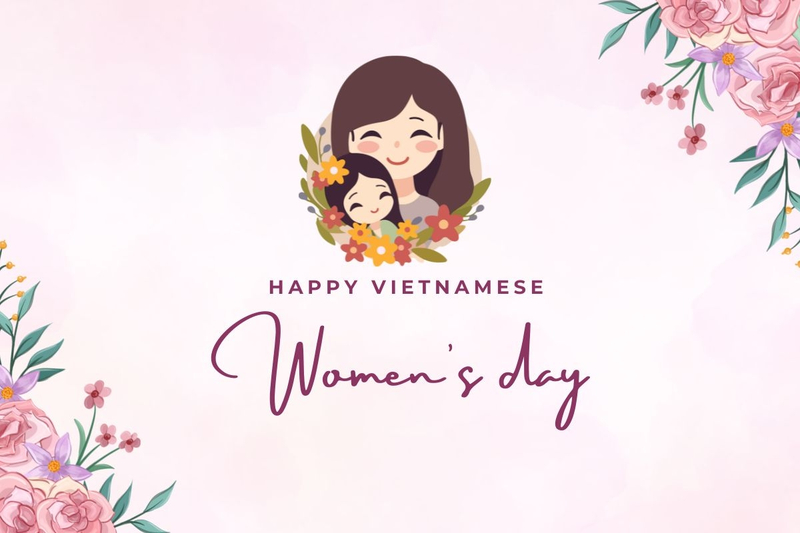 Background 20/10 dễ thương kết hợp nhân vật minh họa và họa tiết hoa nhẹ nhàng. (Nguồn: Internet)