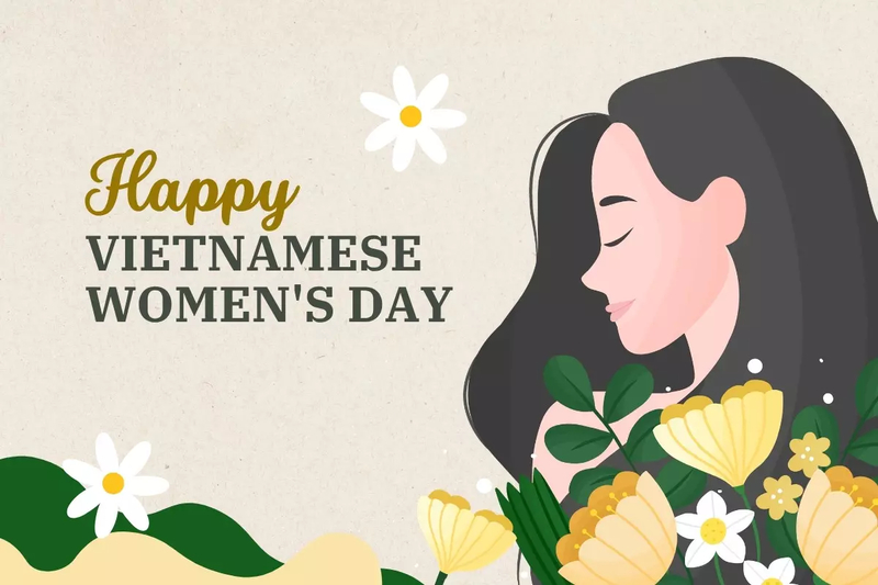 Background 20/10 minh họa người phụ nữ bên những đóa hoa vàng trên nền kem. (Nguồn: Internet)