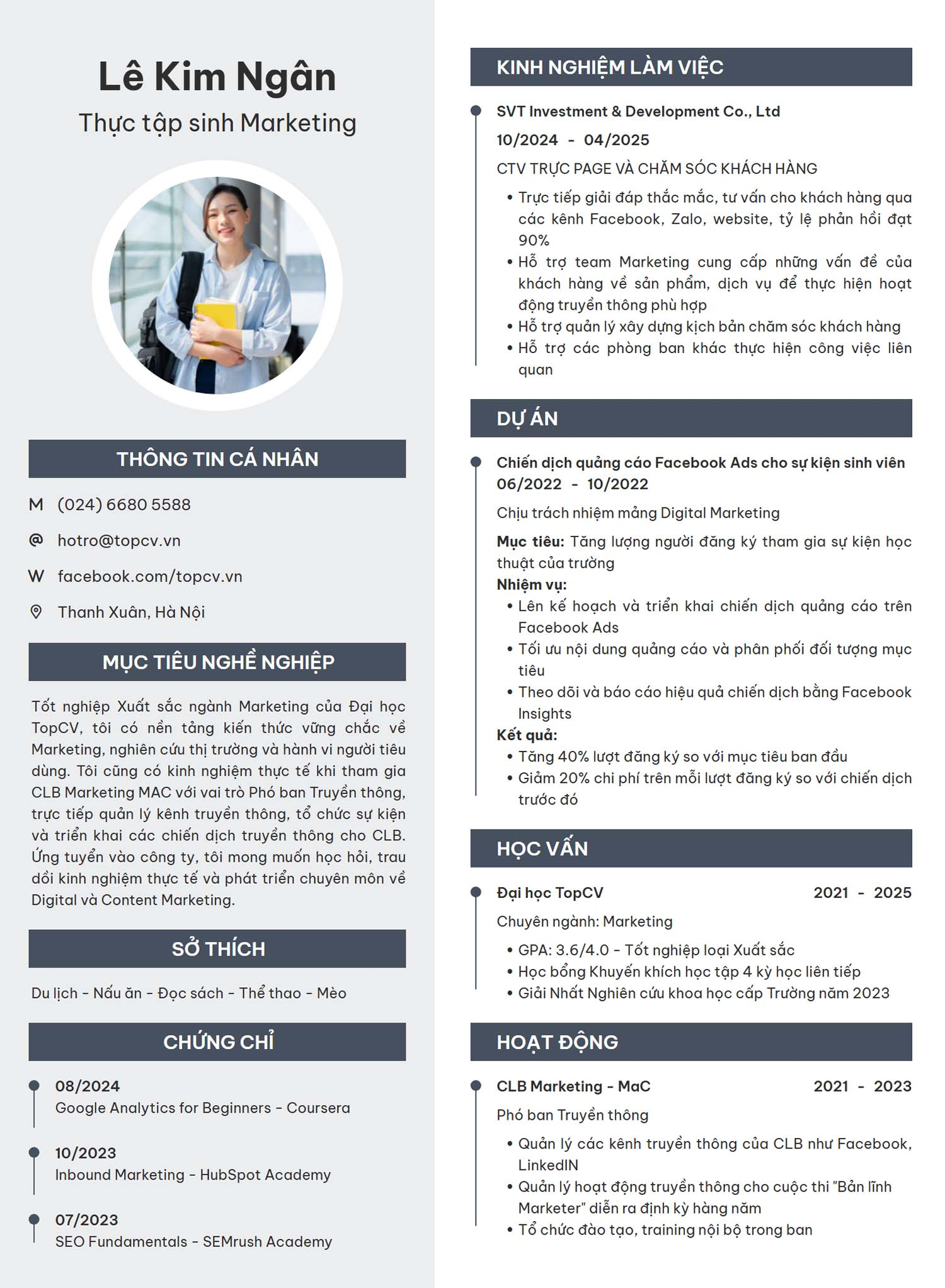 Mẫu CV cho sinh viên mới ra trường (Nguồn: Internet)