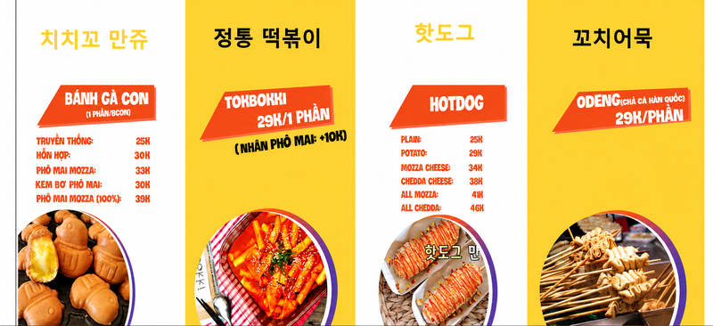 Chichiko Menu: Bảng giá bánh gà, tokbokki, hotdog từ 25K