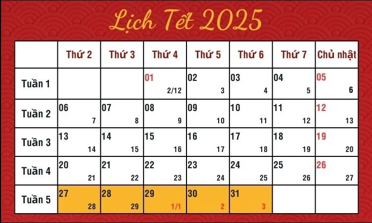 Lịch Nghỉ Tết Âm Lịch 2025 – Những Ngày Nghỉ Lễ Quan Trọng Cần Lưu Ý