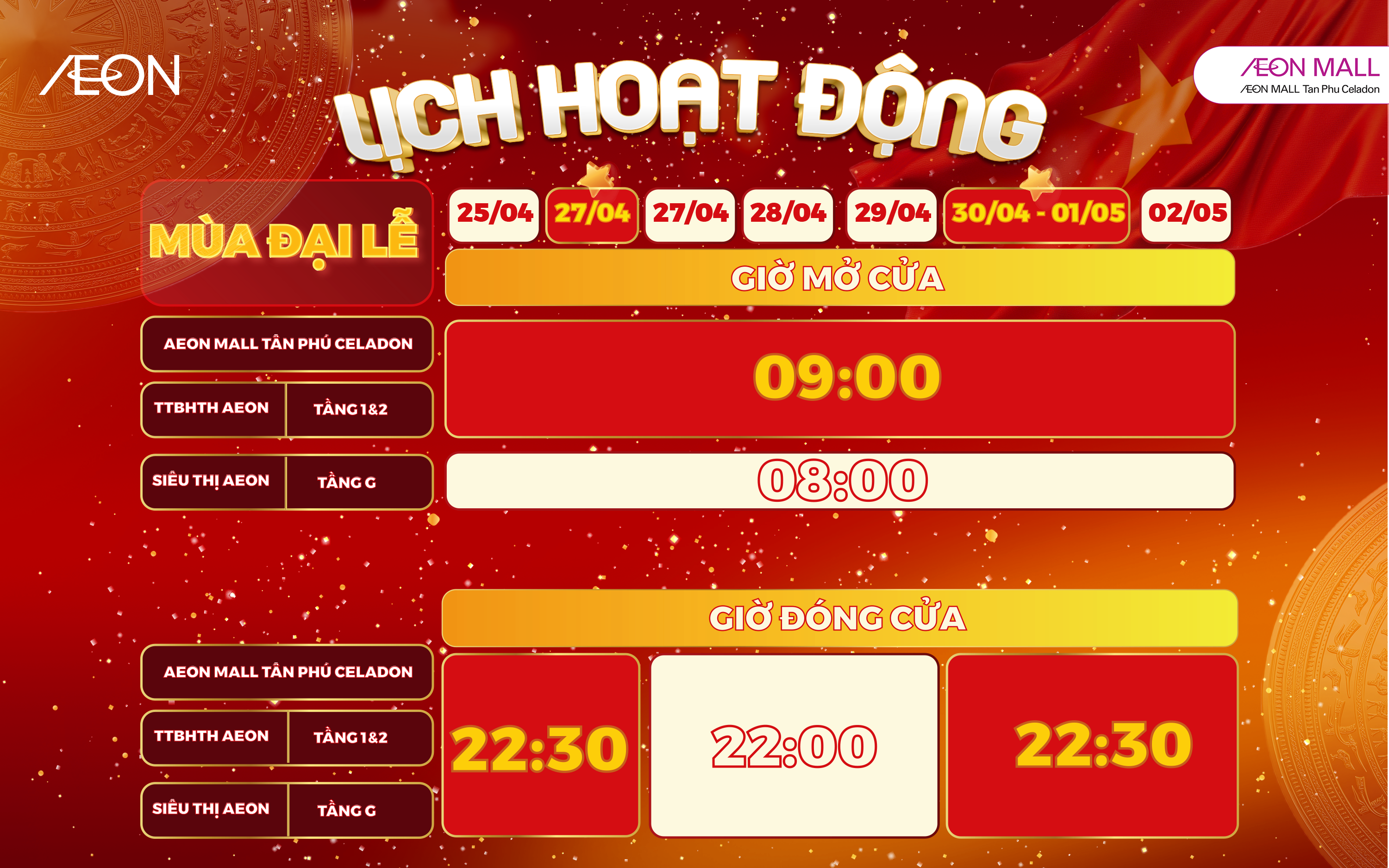 LỊCH HOẠT ĐỘNG MÙA ĐẠI LỄ 30/04 - 01/05