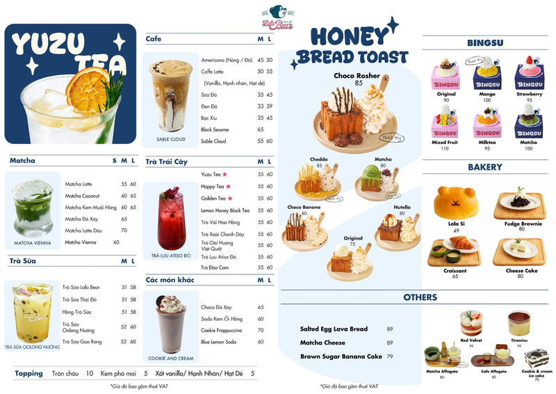 Lala Bear Menu: Bảng giá cà phê, matcha, bánh ngọt từ 25K