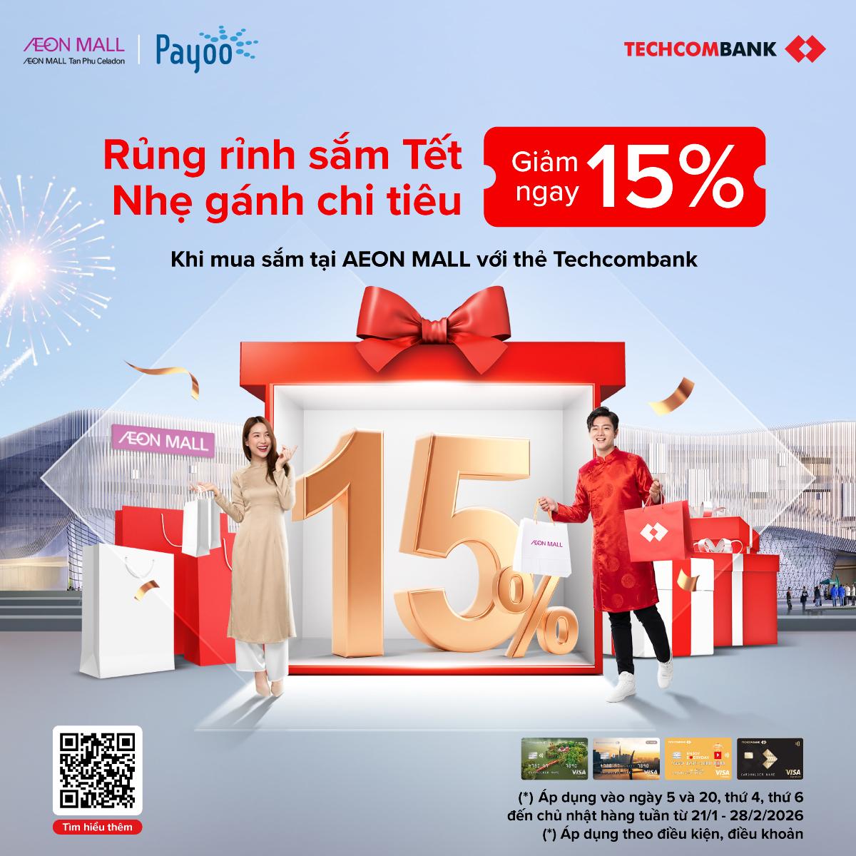 CHỦ THẺ TECHCOMBANK TƯNG BỪNG MUA SẮM ĐẦU NĂM VỚI ƯU ĐÃI 15% TẠI AEON MALL TÂN PHÚ CELADON