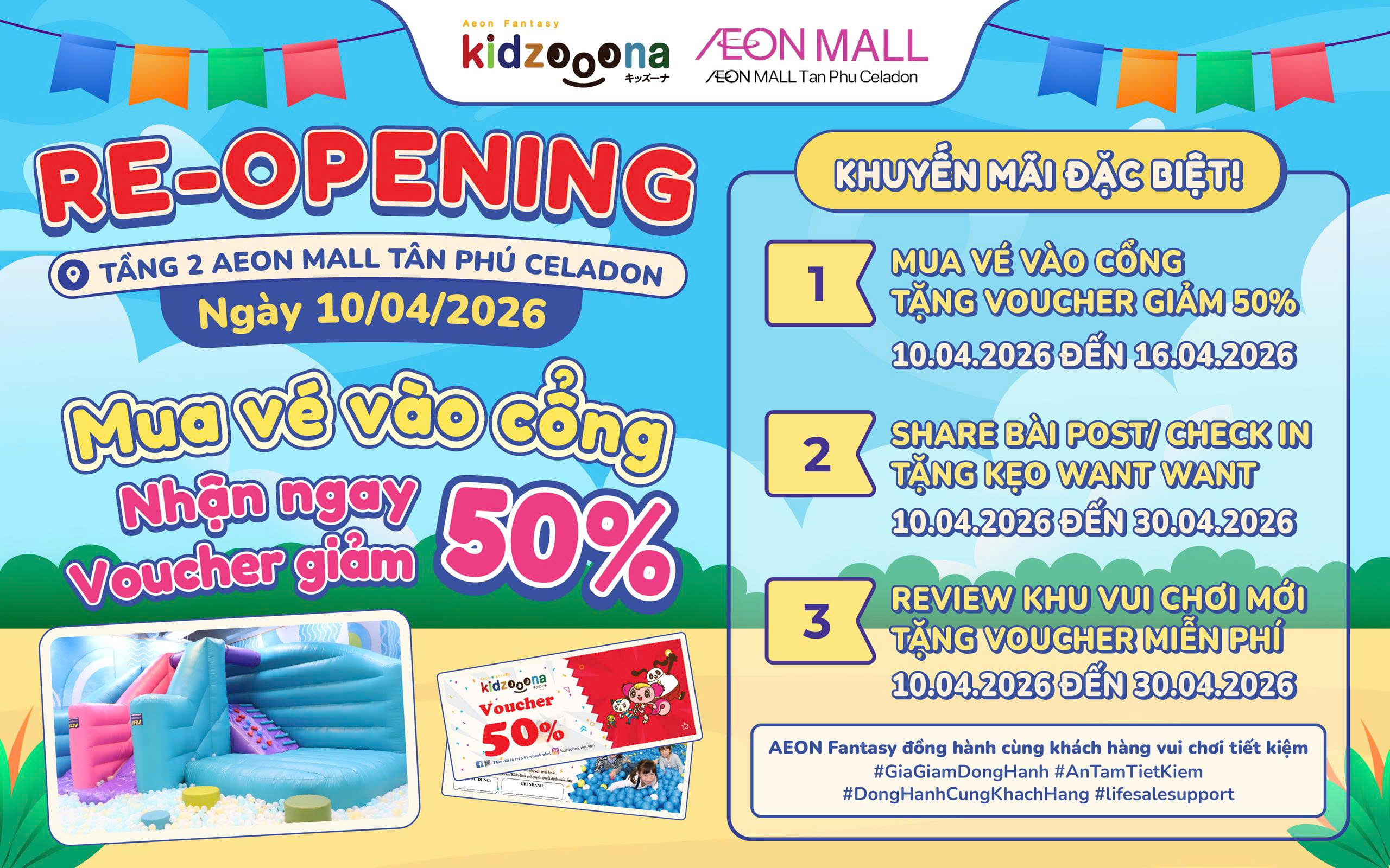 RE-OPENING KIDZOOONA AEON MALL TÂN PHÚ CELADON MUA VÉ VÀO CỔNG TẶNG VOUCHER 50%