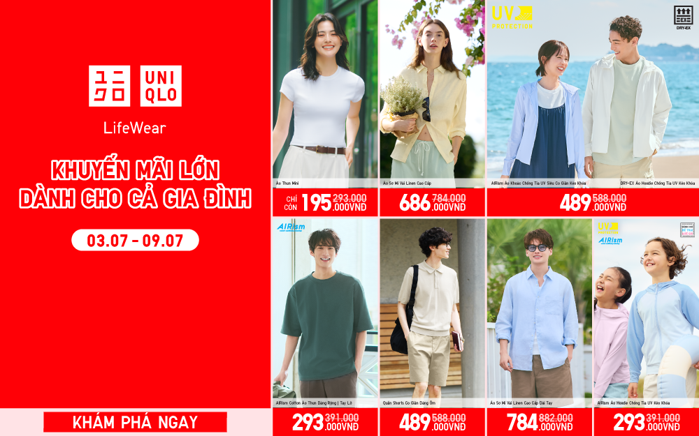 UNIQLO | HÀNG LOẠT SẢN PHẨM ĐƯỢC YÊU THÍCH CHO CẢ GIA ĐÌNH ĐƯỢC ÁP DỤNG GIÁ ƯU ĐÃI TỪ 195.000VNĐ