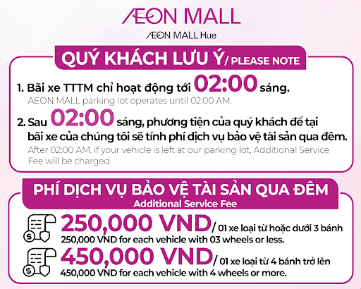 Bảng chi phí gửi xe qua đêm tại AEON MALL Huế