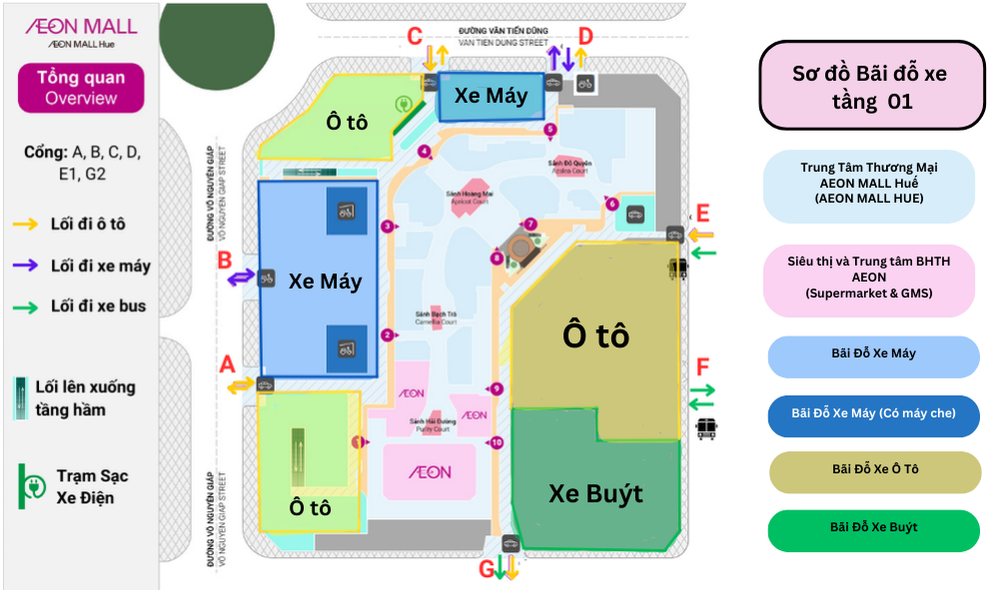 Sơ đồ bãi đỗ xe tầng 01 (mặt đất) tại AEON MALL Huế