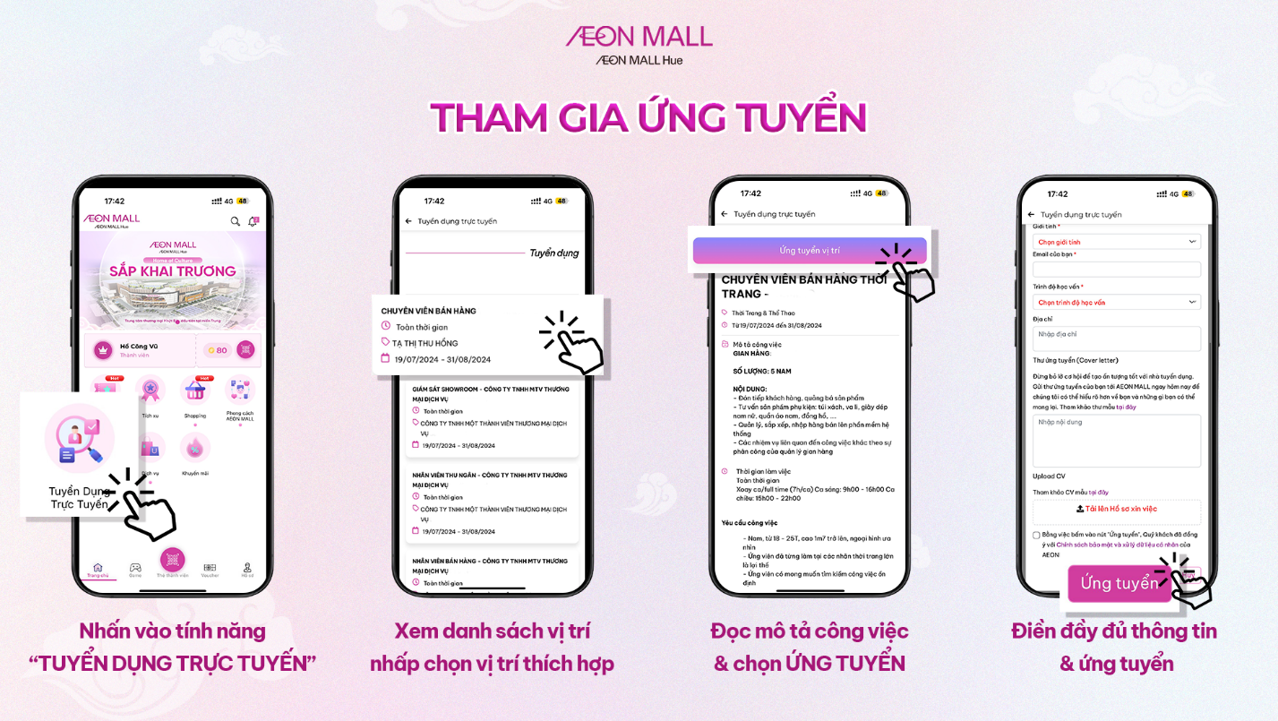 Quy trình 4 bước ứng tuyến trên ứng dụng AEONMALL Vietnam