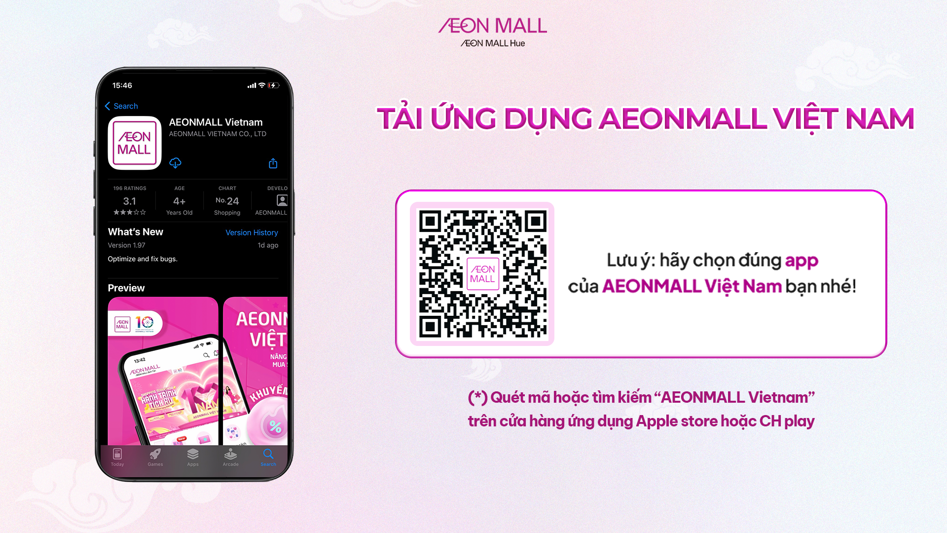 Người dùng tải đúng ứng dụng AEONMALL Vietnam và lựa chọn cơ sở ở Huế để ứng tuyển trực tuyến