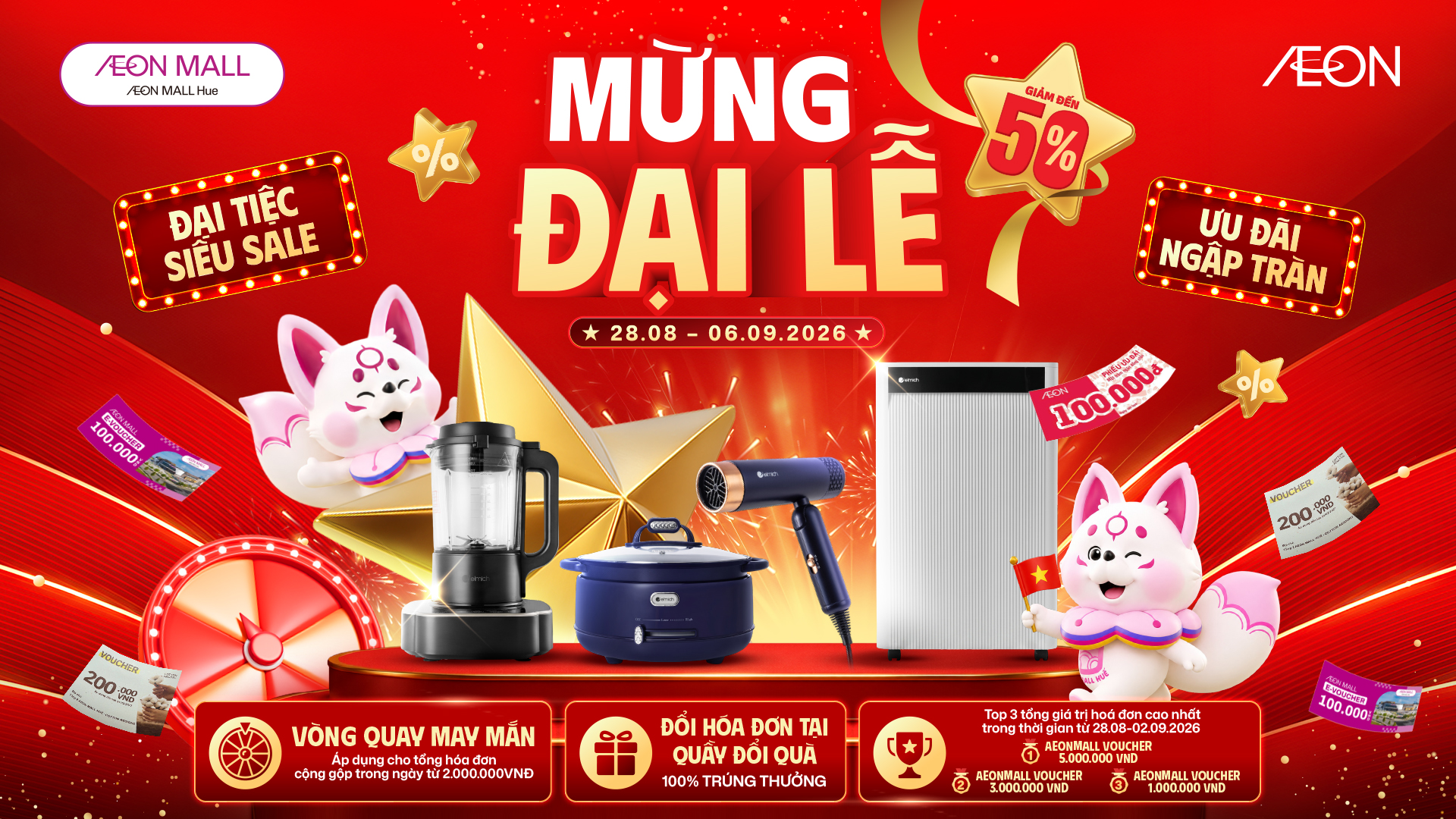 ĐỔI HÓA ĐƠN NHẬN QUÀ QUỐC KHÁNH 2026 TẠI AEON MALL HUẾ – MỪNG ĐẠI LỄ, RINH QUÀ HẤP DẪN