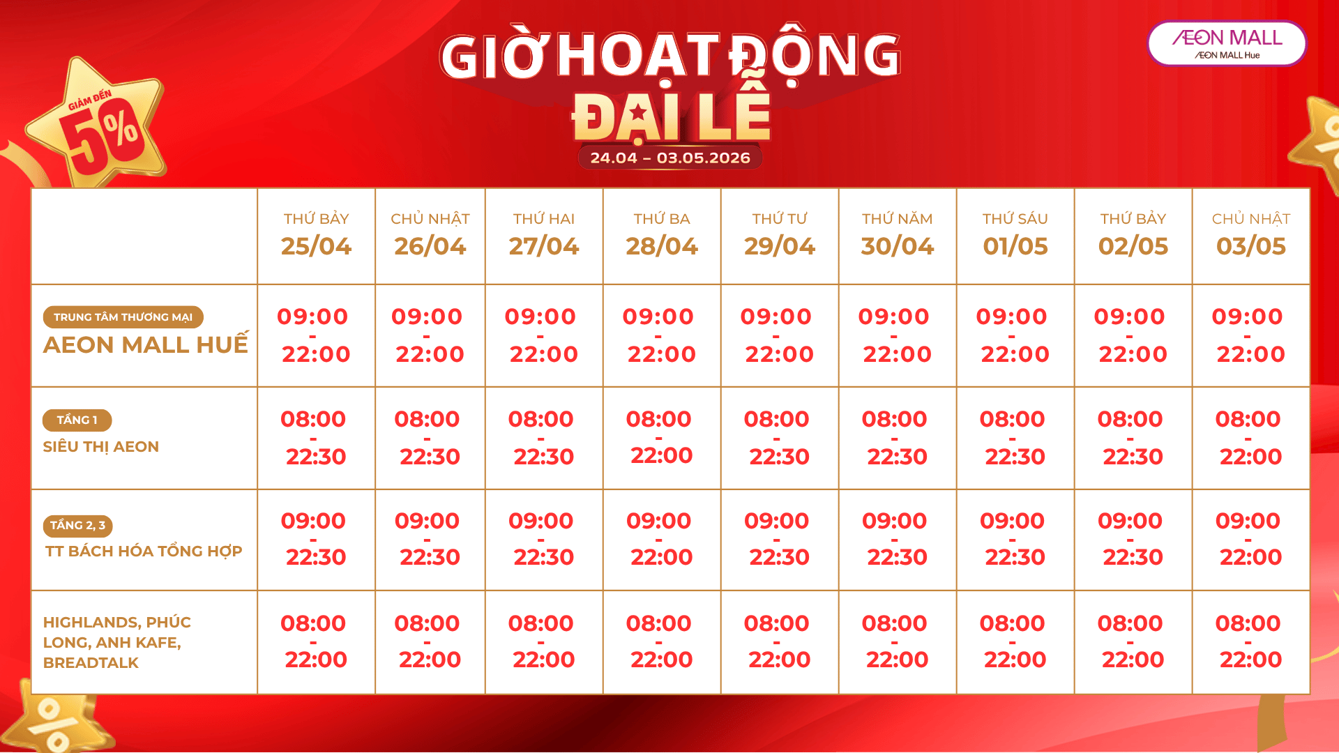 Cập nhật giờ mở cửa dịp lễ Giỗ Tổ Hùng Vương 2026 và 30/04 01/05 tại AEON MALL Huế