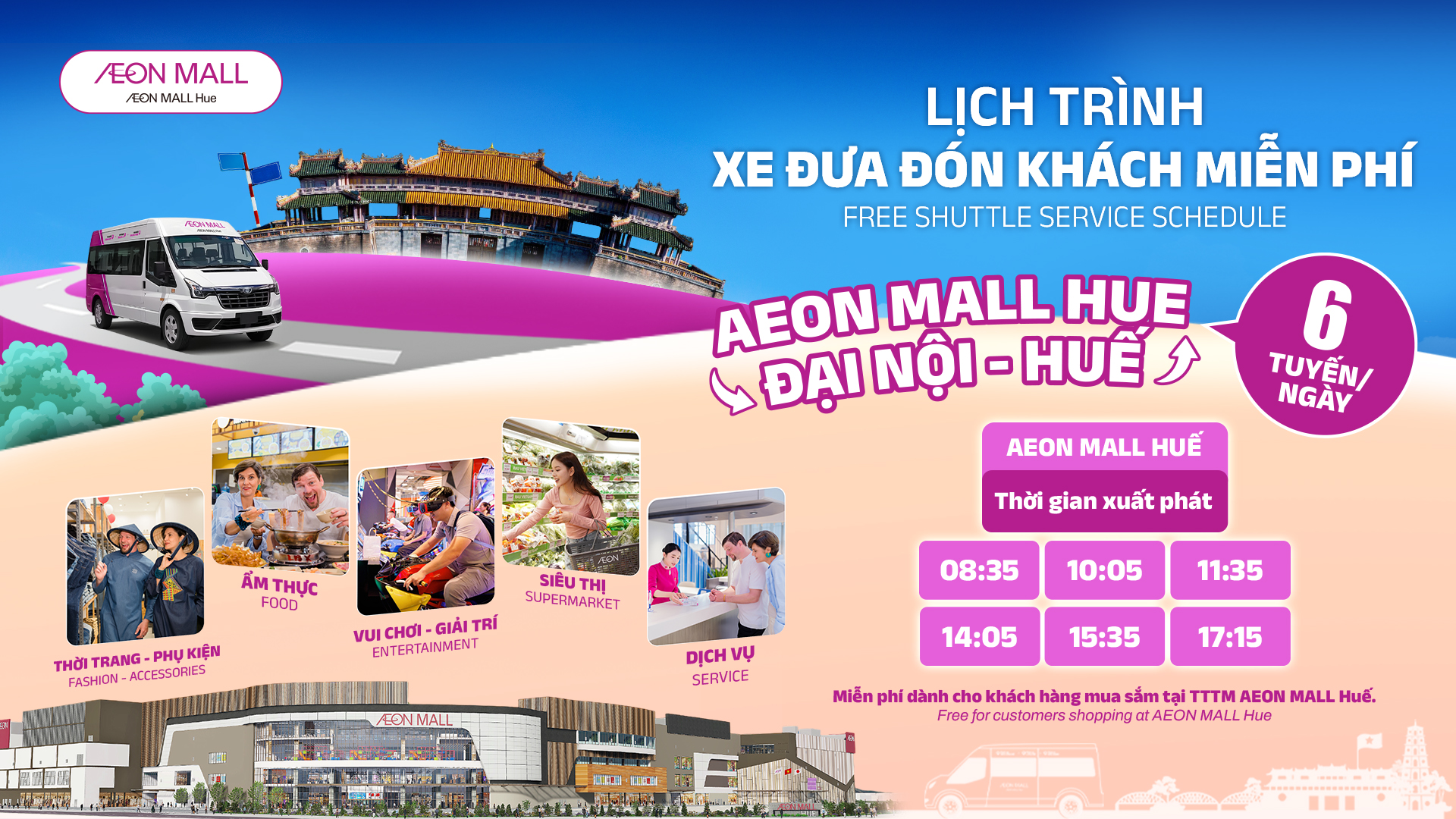 Xe Buýt Miễn Phí Từ Đại Nội Đi AEON MALL Huế Tiện Lợi Cho Du Khách