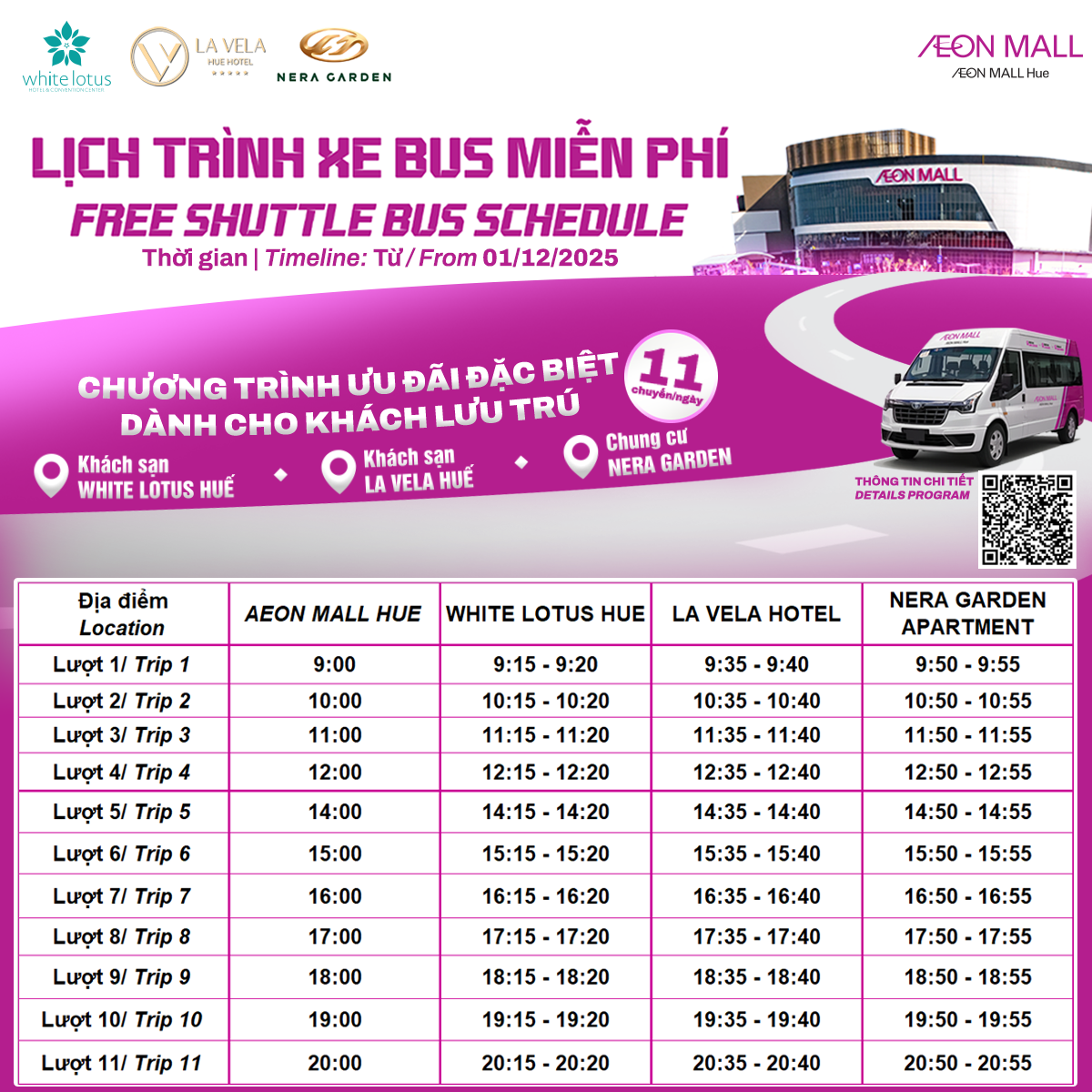 Ưu đãi xe bus đến AEON MALL Huế dành cho khách lưu trú tại White Lotus La Vela và Nera Garden