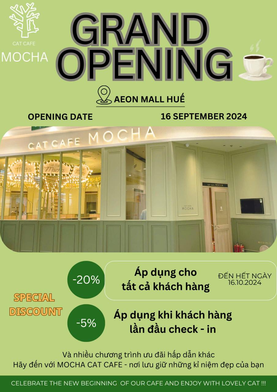 ĐÃI MỞ CỬA MỪNG CAT CAFE MOCHA TẠI AEON MALL HUẾ!