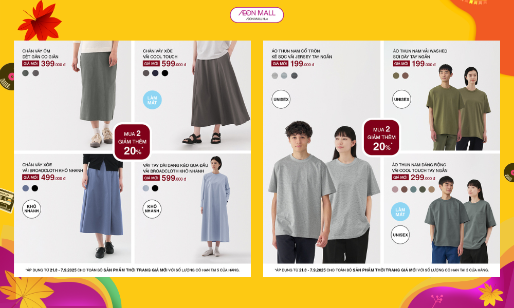 Mua 2 giảm thêm 20% cho các sản phẩm thời trang giá mới - ưu đãi giới hạn chỉ có tại 5 cửa hàng MUJI!