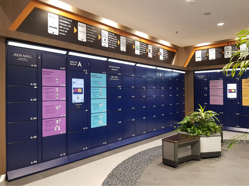 Tủ giữ đồ thông minh giúp khách hàng gửi và nhận đồ nhanh chóng, thuận tiện khi tham quan AEON MALL Đà Nẵng Thanh Khê