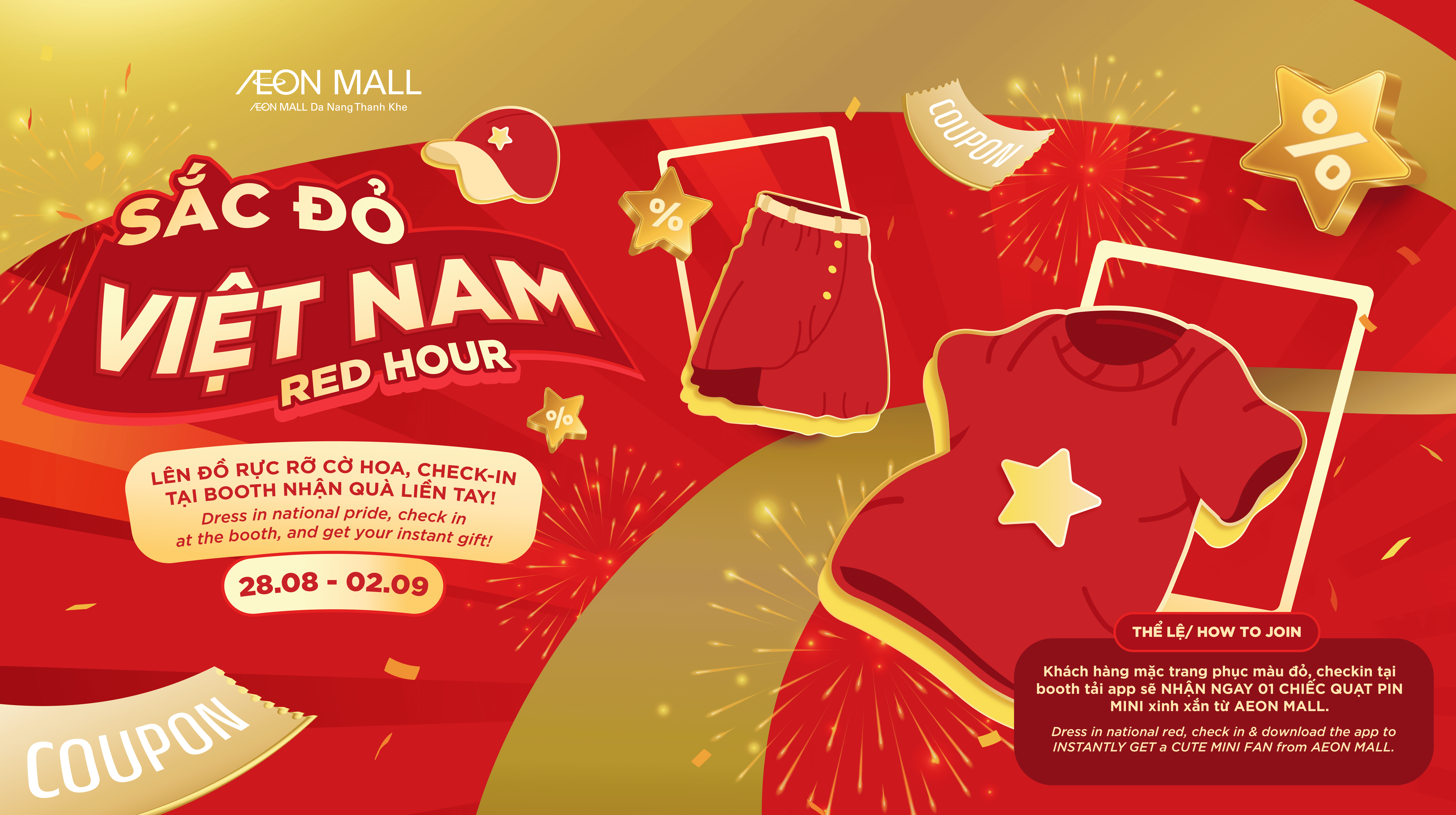 Mặc Trang Phục Sắc Đỏ Nhận Quạt Pin Mini Tại AEON MALL Đà Nẵng Thanh Khê