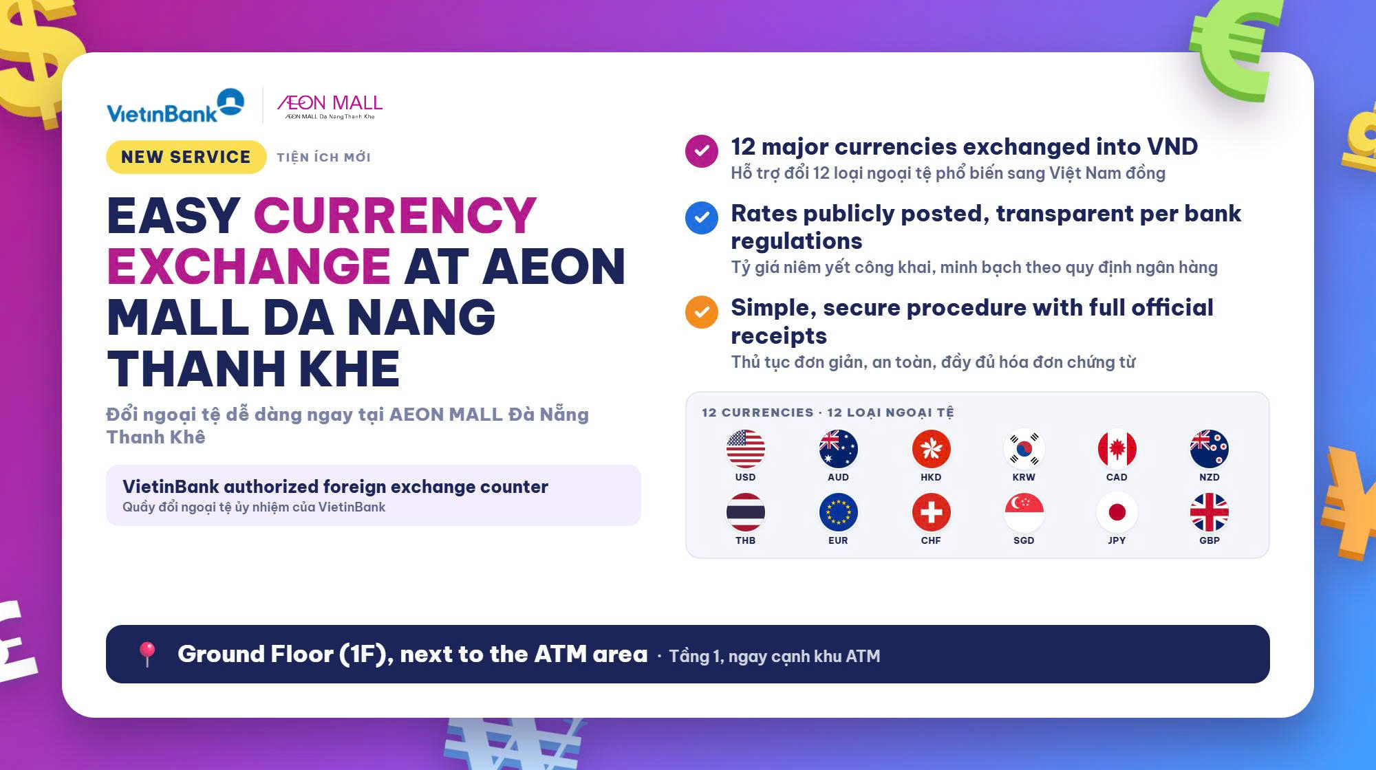 Dịch Vụ Đổi Ngoại Tệ Ủy Nhiệm VietinBank Đã Có Mặt Tại AEON MALL Đà Nẵng Thanh Khê