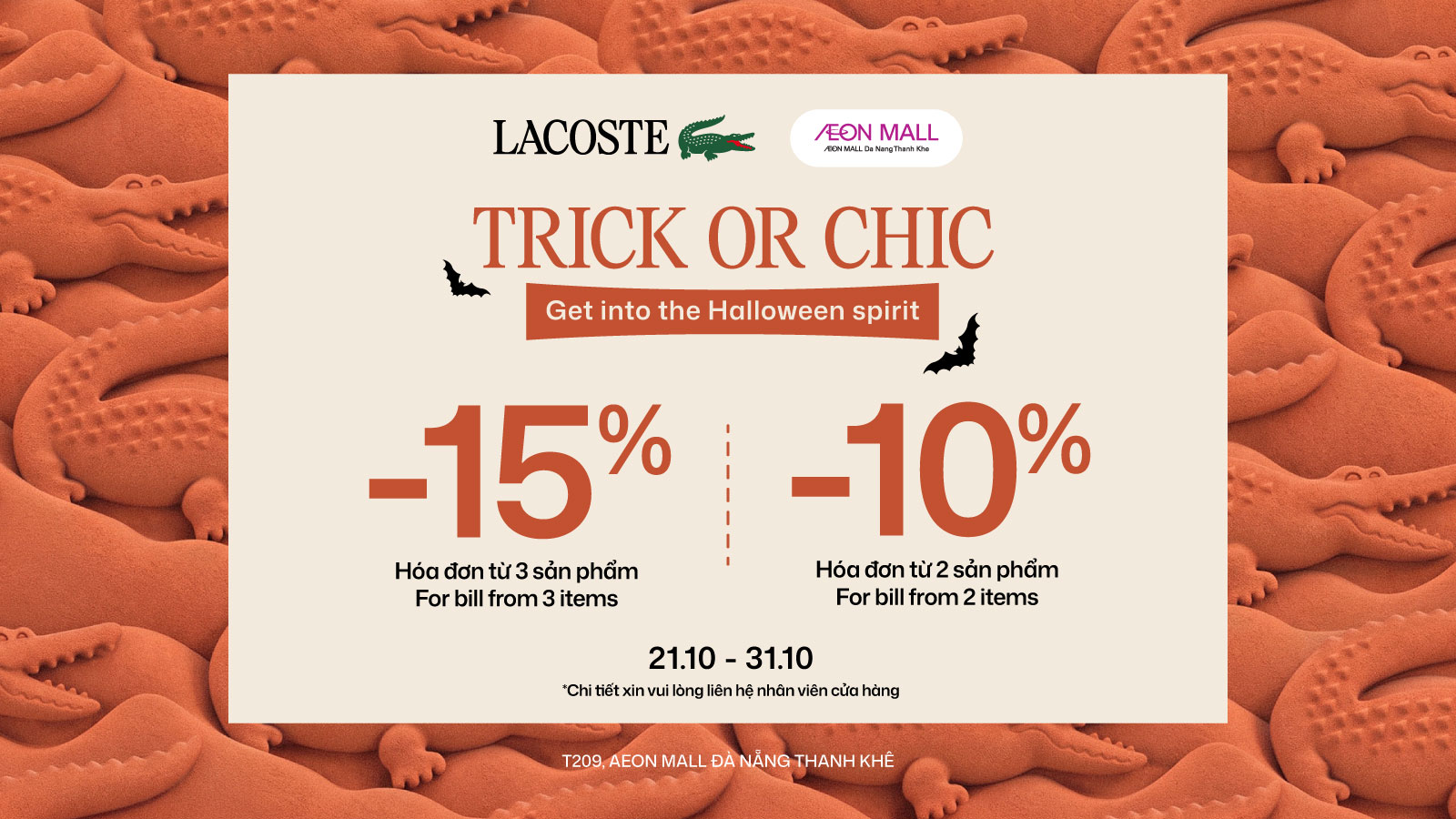 Lacoste | TRICK OR CHIC – Ưu Đãi Mùa Halloween Đến 15% Tại AEON MALL