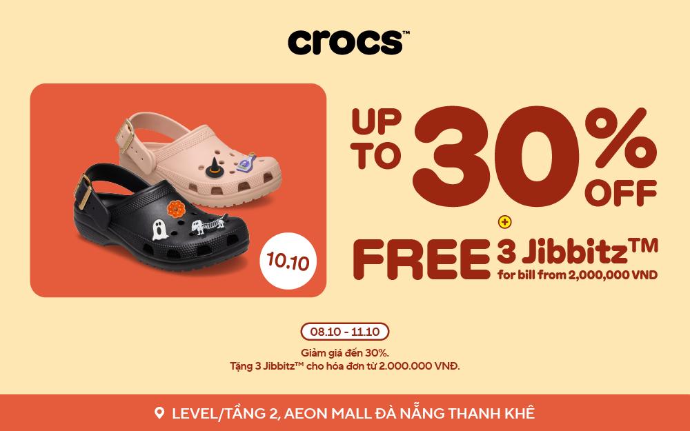 10.10 Super Deal: Crocs Ưu Đãi Đến 30% & Tặng Bộ Jibbitz Tại AEON MALL Đà Nẵng Thanh Khê
