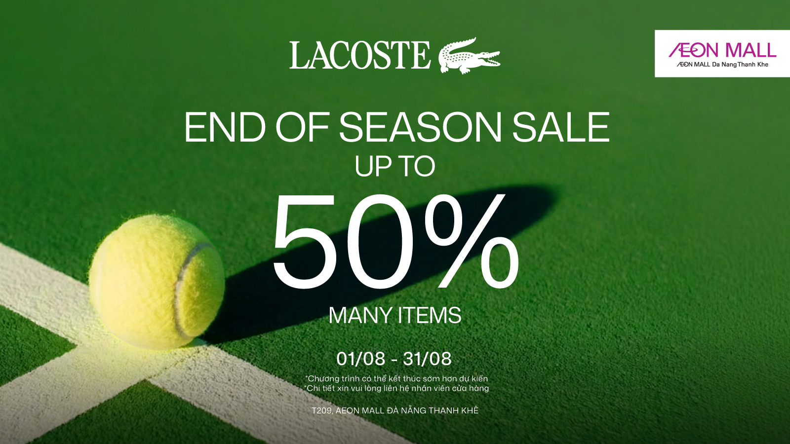 Bùng Nổ Mua Sắm Tháng Khai Trương AEON MALL Đà Nẵng Thanh Khê: Lacoste Ưu Đãi Đến 50%