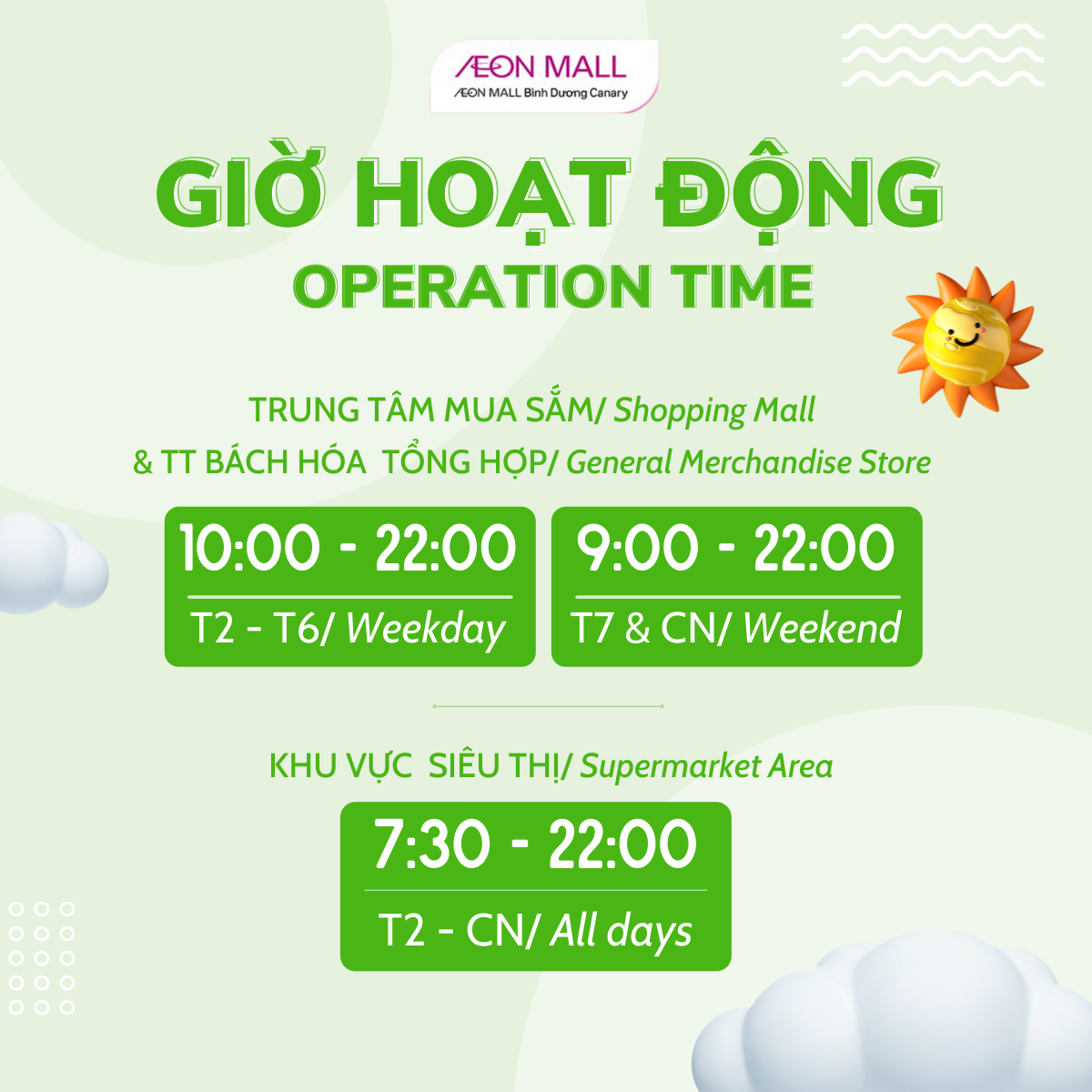 CẬP NHẬT GIỜ HOẠT ĐỘNG TẠI AEON MALL BÌNH DƯƠNG CANARY