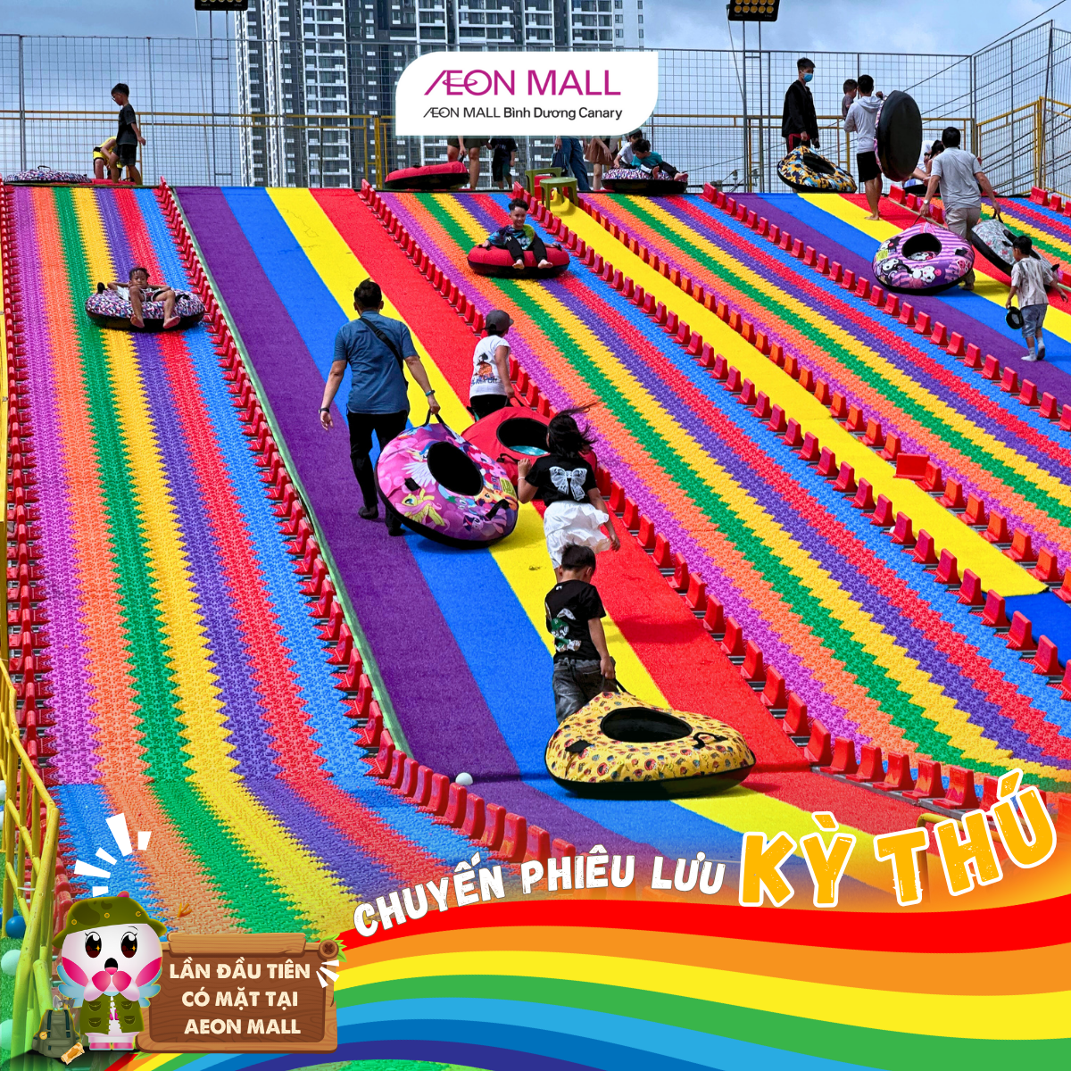 Khu Vui Chơi Ngoài Trời Tại AEON MALL Bình Dương Canary Chính Thức Hoạt Động – Check-in Cầu Trượt 7 Màu Rực Rỡ!