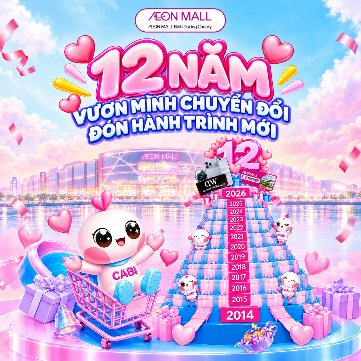 SINH NHẬT 12 NĂM AEON MALL BÌNH DƯƠNG CANARY: ĐỔI HÓA ĐƠN NHẬN QUÀ, GẶP BẢO ANH, CƠ HỘI TRÚNG IPHONE 18 PRO MAX VÀ X12 ĐIỂM WAON