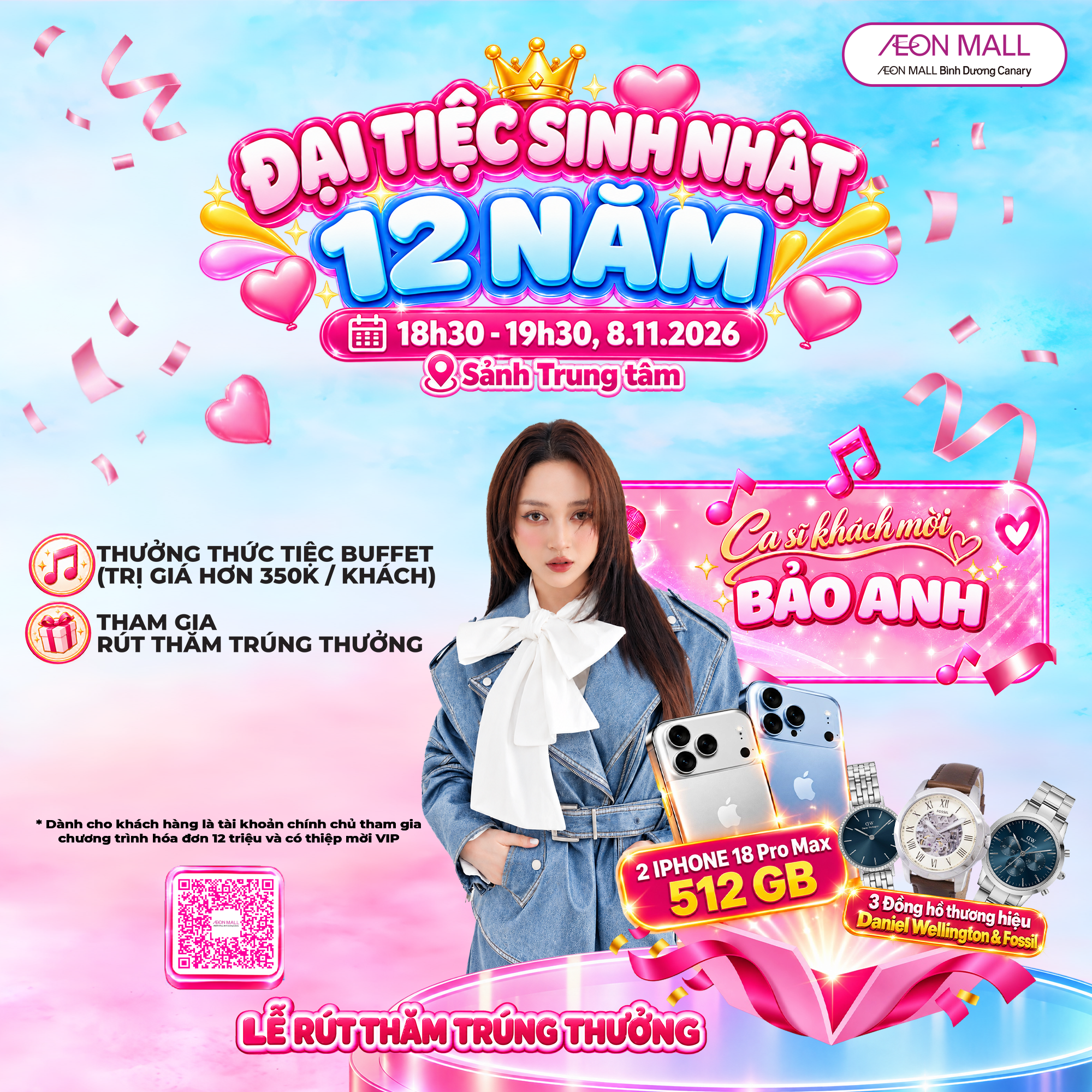 SINH NHẬT 12 NĂM AEON MALL BÌNH DƯƠNG CANARY: ĐỔI HÓA ĐƠN NHẬN QUÀ, GẶP BẢO ANH, CƠ HỘI TRÚNG IPHONE 18 PRO MAX VÀ X12 ĐIỂM WAON