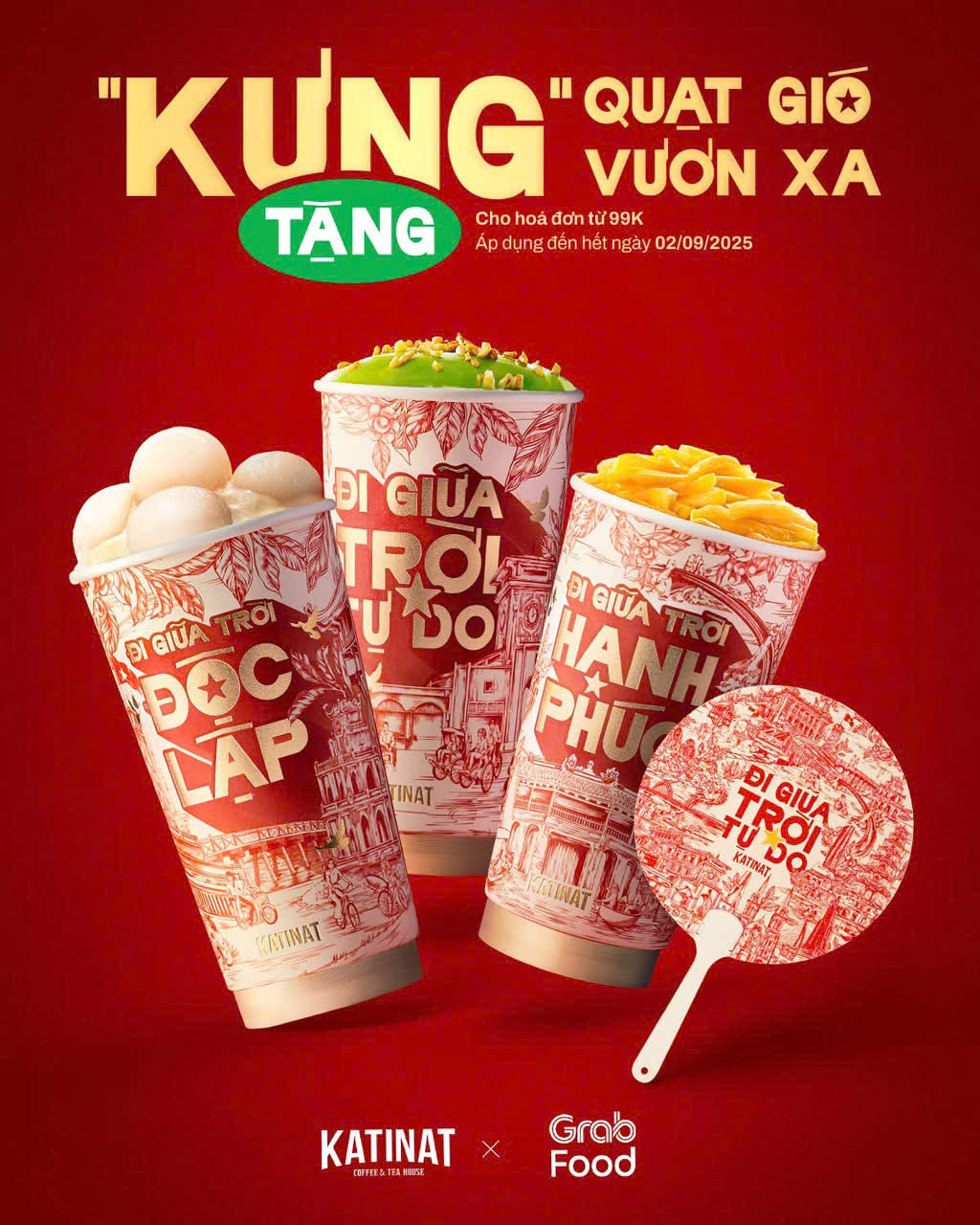KATINAT | SẮC ĐỎ “VƯƠN MÌNH” – RINH NGAY QUẠT GIÓ VƯƠN XA VÀ DEAL MUA 1 TẶNG 1 TRÊN GRABFOOD