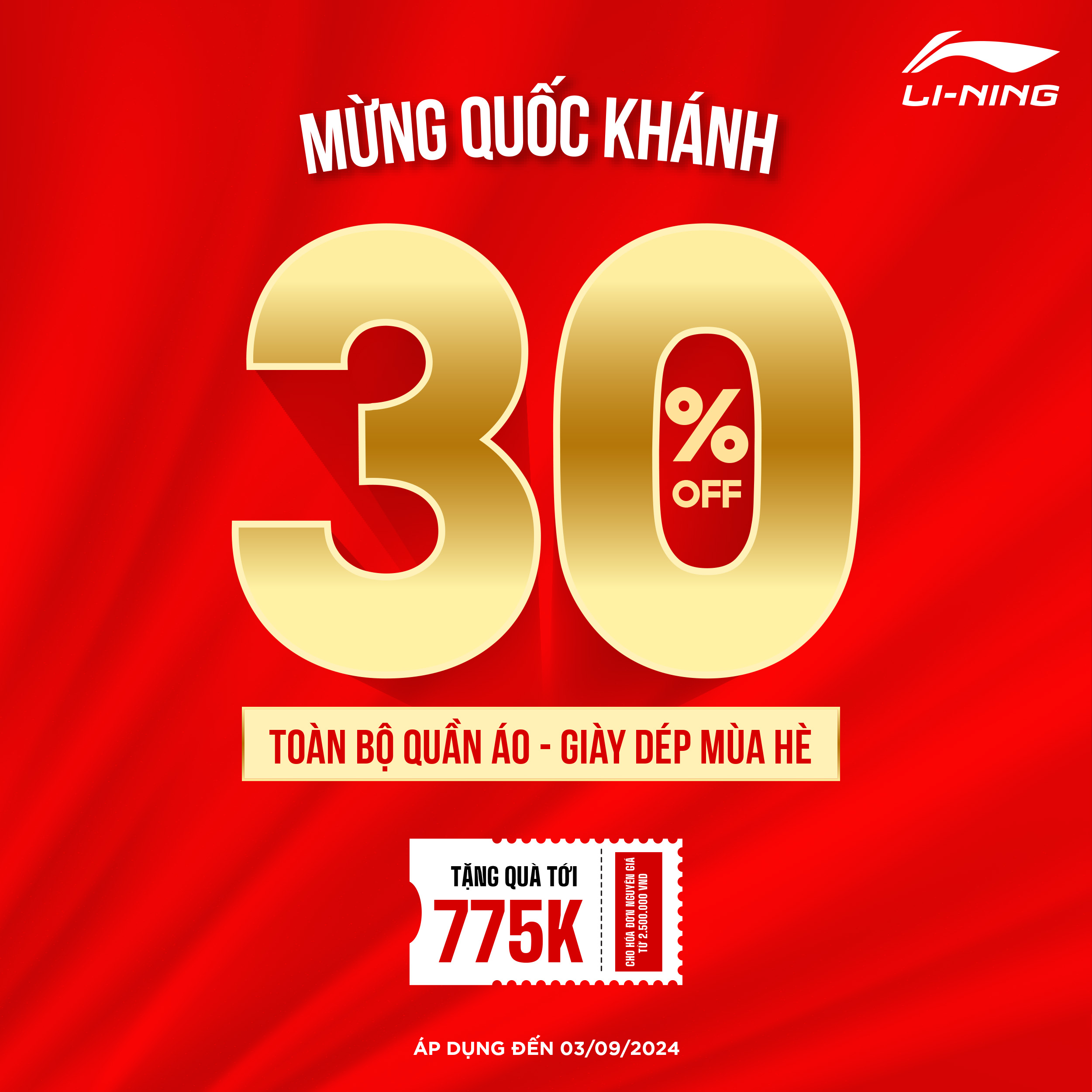 LI-NING | MỪNG QUỐC KHÁNH, LI-NING ƯU ĐÃI 30% TOÀN BỘ QUẦN ÁO HÈ, GIÀY, DÉP