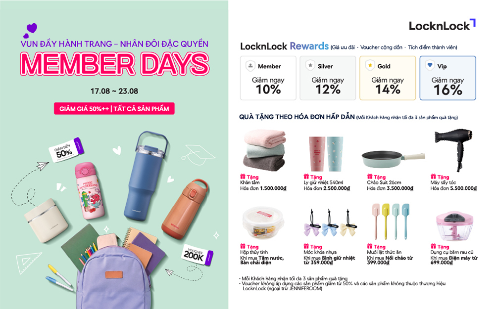 LOCKNLOCK | MEMBER DAYS THÁNG 8 |VUN ĐẦY HÀNH TRANG – NHÂN ĐÔI ĐẶC QUYỀN