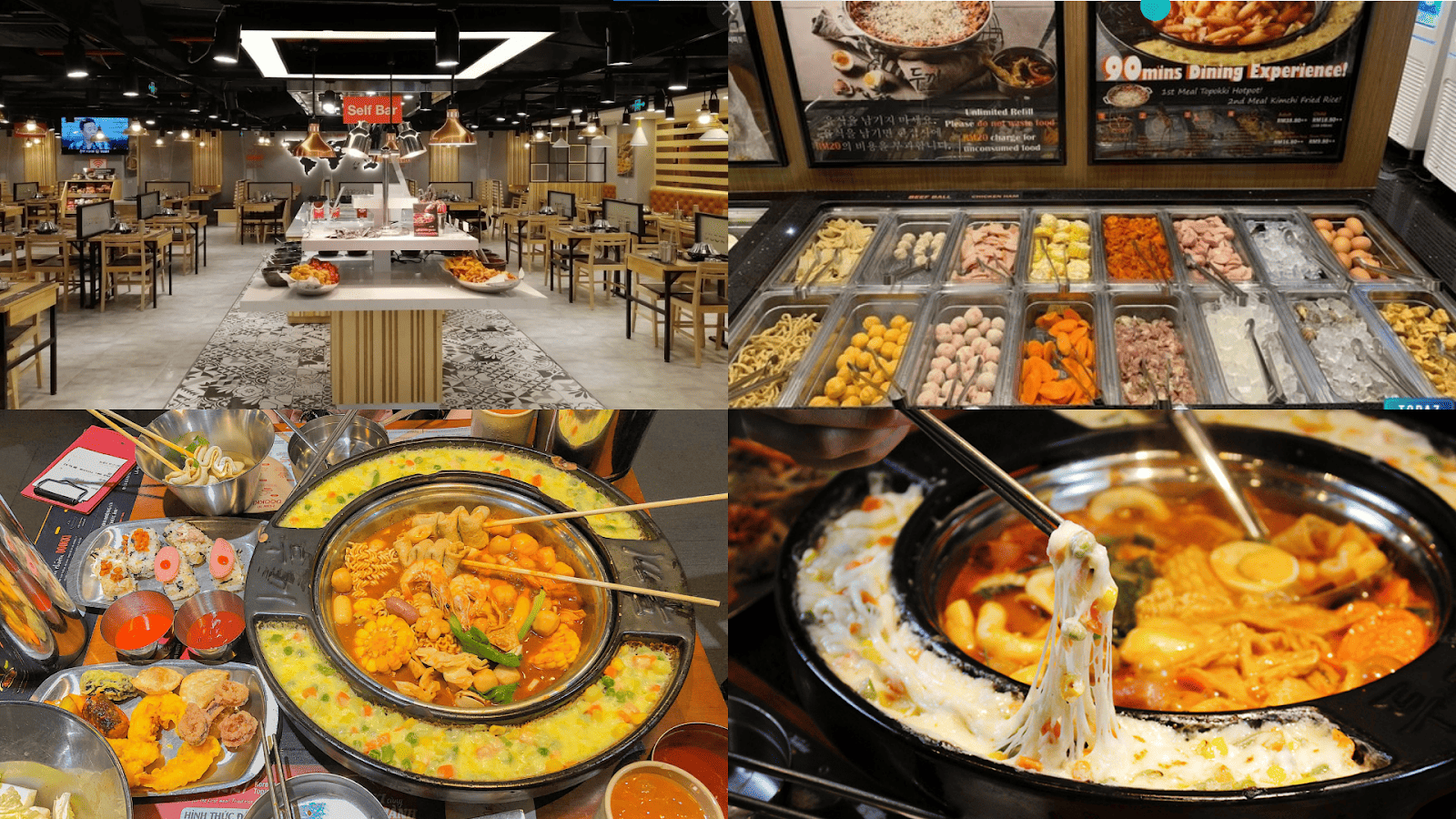 hông gian nhà hàng Dookki rộng rãi với quầy line topping đa dạng và hai nồi lẩu hấp dẫn đang sôi sùng sục với phô mai kéo sợi.