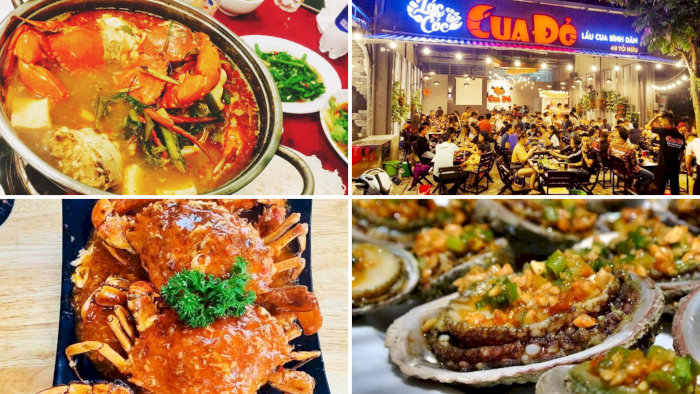 Bốn góc ảnh về nhà hàng Lộc Cóc Quán ở Hà Nội với lẩu riêu cua và các món hải sản.