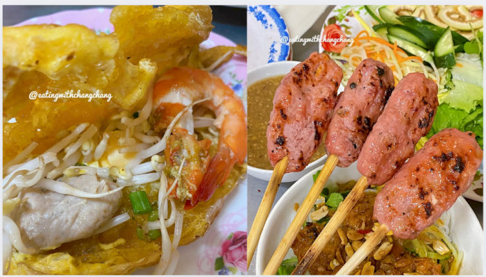 Bánh xèo tôm thịt hấp dẫn và nem lụi thơm ngon, món ăn đặc sắc của ẩm thực Việt Nam.